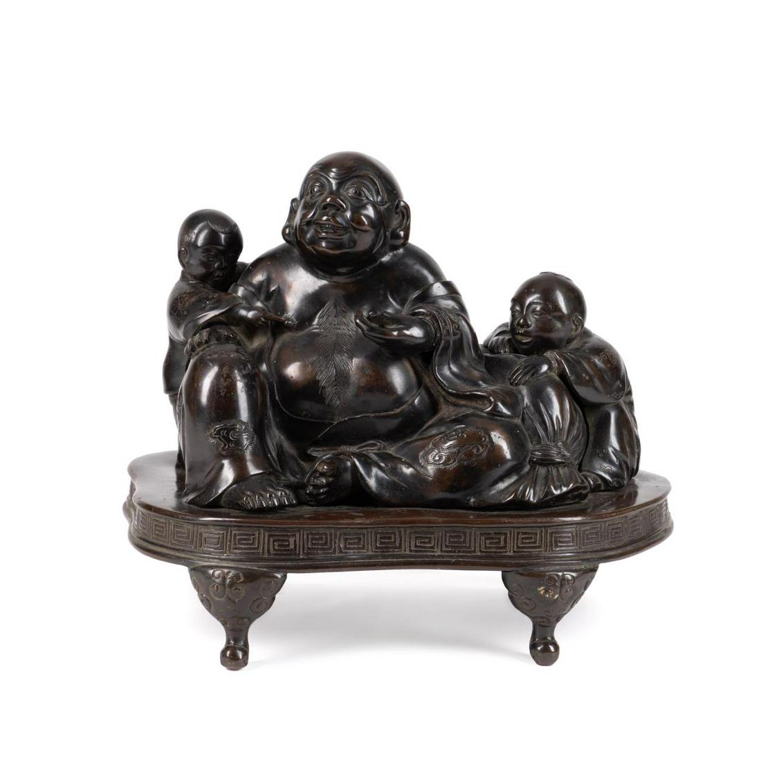 CHINESE BRONZE LAUGHING BUDDHA W/ CHILDREN (1 of 5)