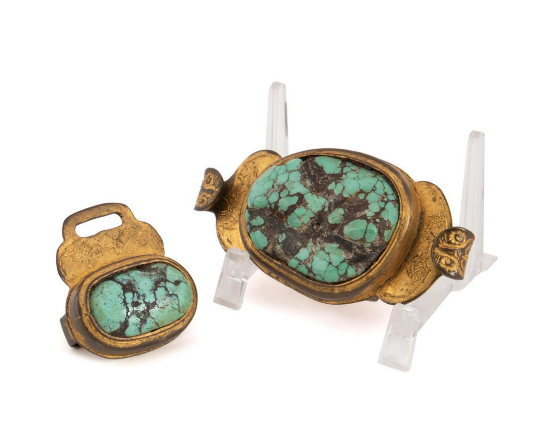2PC CHINESE BRASS & TURQUOISE BELT BUCKLE (1 of 9)