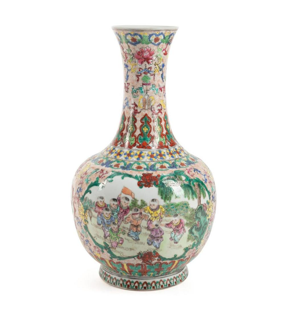 CHINESE WUCAI 100 BOYS BOTTLE VASE, MARKED (1 of 7)