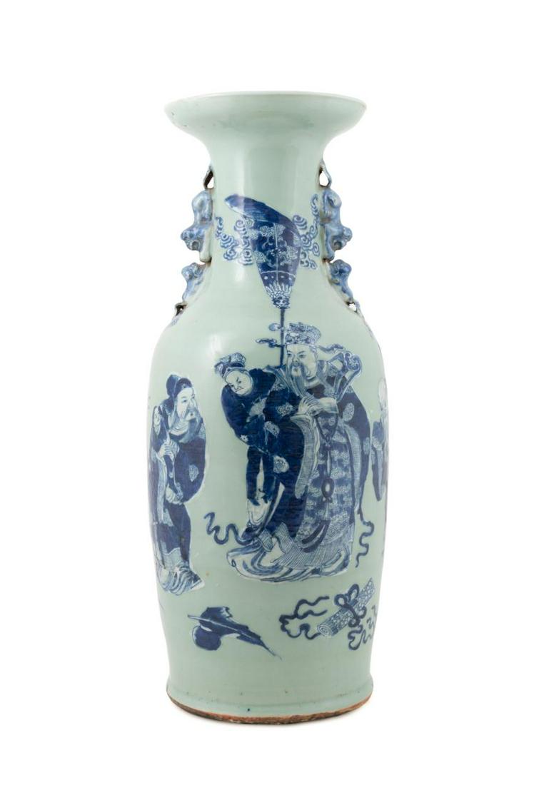 CHINESE BLUE & WHITE ON CELADON BALUSTER VASE: Chinese blue & white on celadon baluster vase, having a dished rim above a neck flanked by Fu Lion handles the body decorated with an image of the Emperor and his attendant with the Star Gods, Fu Xing