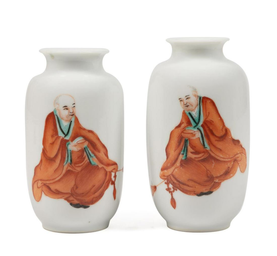 TWO CHINESE SMALL POLYCHROME VASES W/ MONKS (1 of 5)