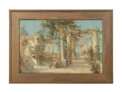 PROSPER L. SENAT, PERGOLA IN DALMATIA, FRAMED O/B: Prosper Louis Senat (American 1852-1925) "Pergola in Old Roman Villa Dalmatia" 1925, oil on board depicting a serene landscape of vine covered pillars around a tree situated next to a villa, signed an