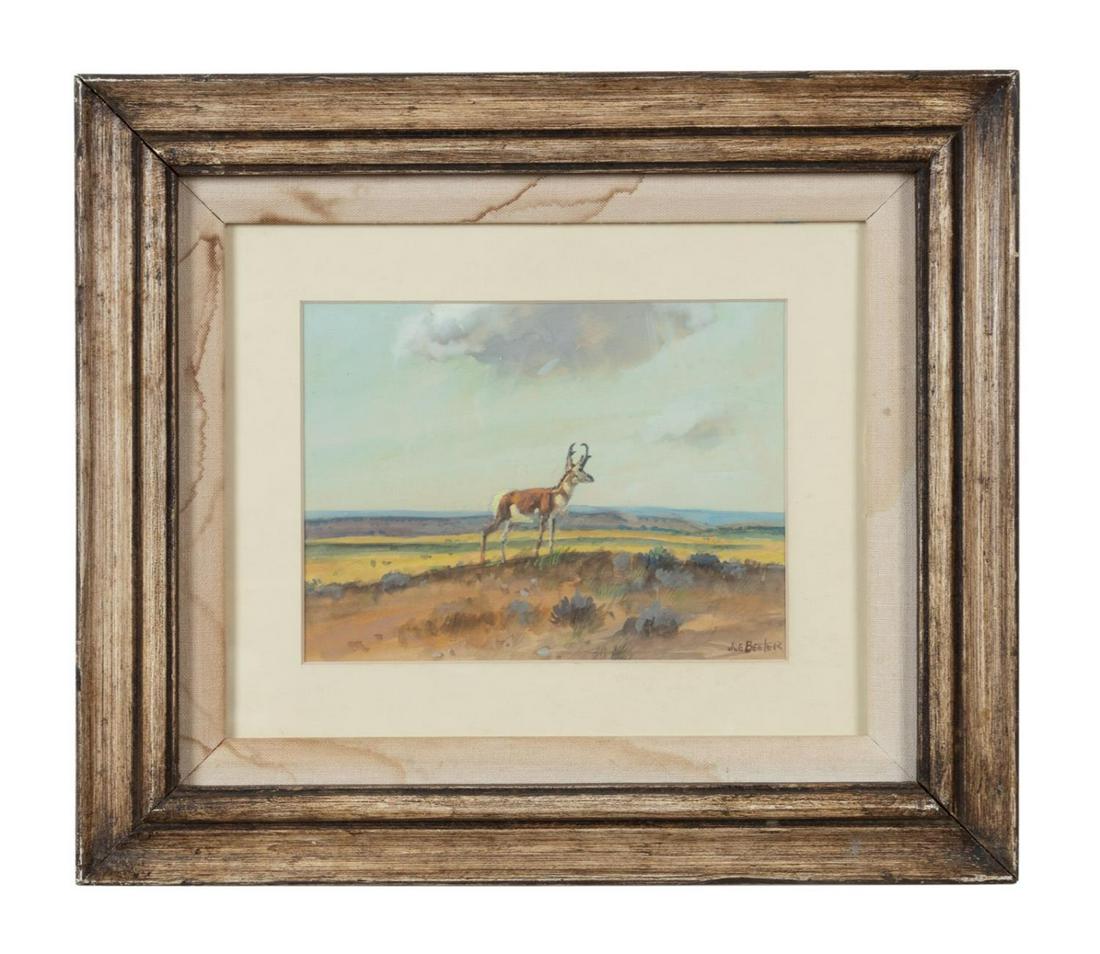 JOE BEELER "HORNED DEER IN FIELD" SMALL WATERCOLOR (1 of 5)