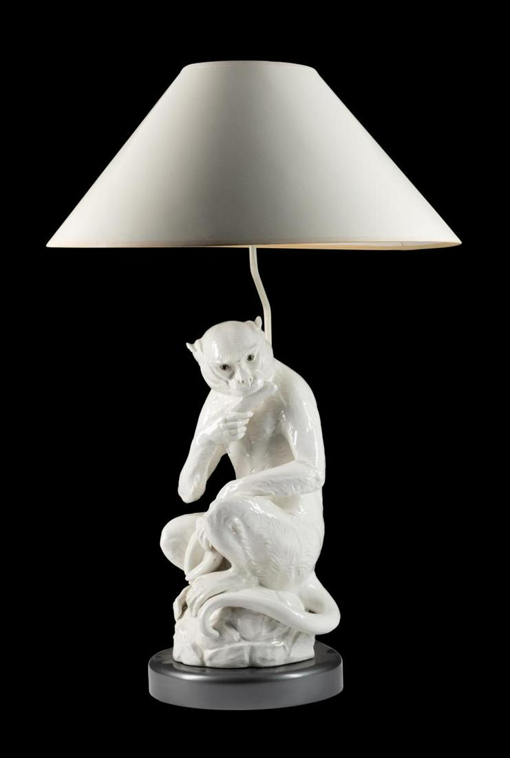 ITALIAN WHITE MAJOLICA MONKEY LAMP WITH SHADE (1 of 6)