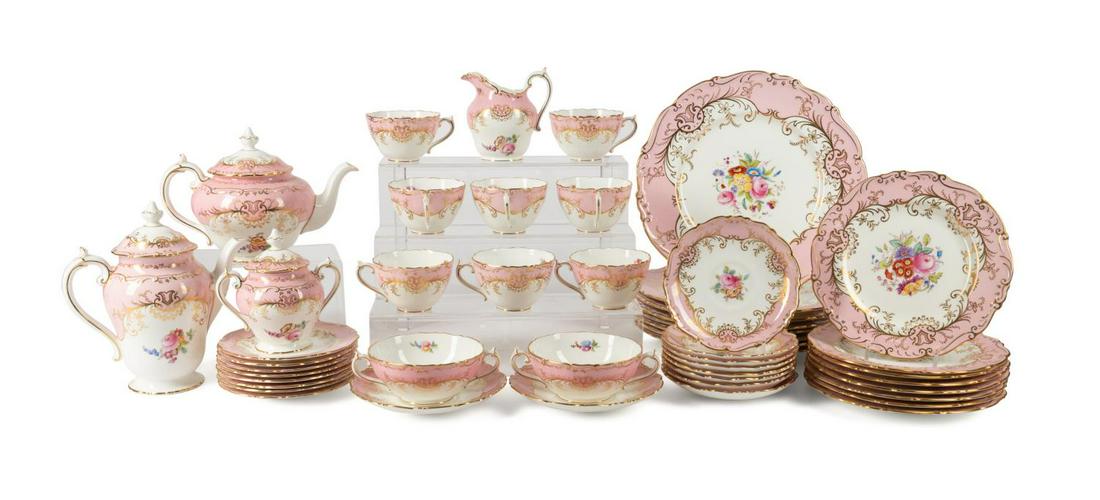 48PC COALPORT "SANDRINGHAM" PARTIAL DINNER SERVICE: 48 piece Coalport "Sandringham" (pattern active 1970-1974) pink bone china partial dinner service comprising, 8 dinner plates (dia. 10.75"), 8 salad plates (dia. 8"), 8 bread plates (dia. 5.75"), 2 cr