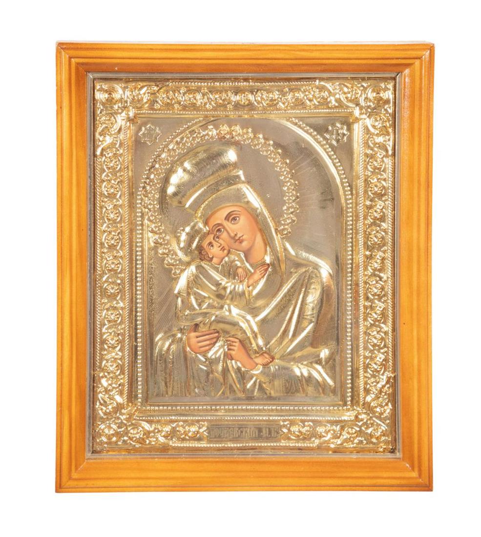 OUR LADY OF KYIV OR VLADIMIR ICON: Russian or Ukrainian Orthodox Our Lady of Kyiv/Kiev or Vladimir painted icon on wooden panel depicting Mary holding the infant Jesus, with a gilded possibly silver riza or oklad, stamped to the halo "