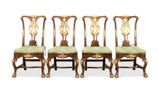 4 PORTUGUESE BAROQUE STYLE PARCEL GILT SIDE CHAIRS: Set of four Portuguese Baroque style carved wood and parcel gilt side chairs, 20th century, each having a curved crest rail, supported by a gilt and pierced black splat, over caned seats with green up