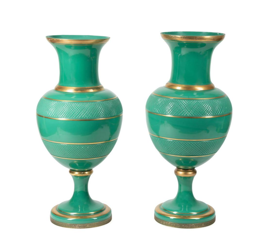 PAIR LARGE CONTINENTAL GREEN OPALINE GLASS VASES (1 of 7)