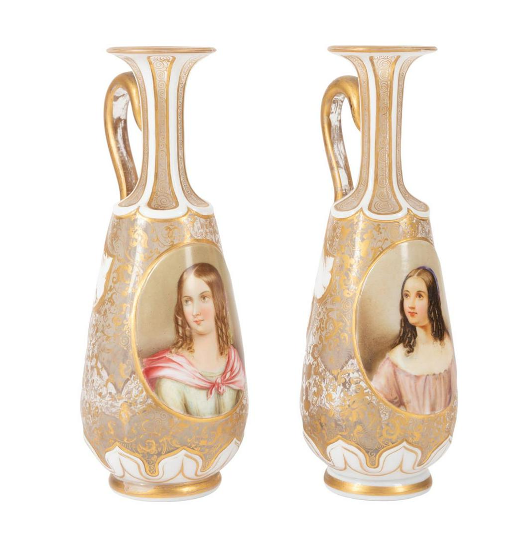 PAIR 19TH C. MOSER TYPE GILT GLASS PORTRAIT EWERS (1 of 7)
