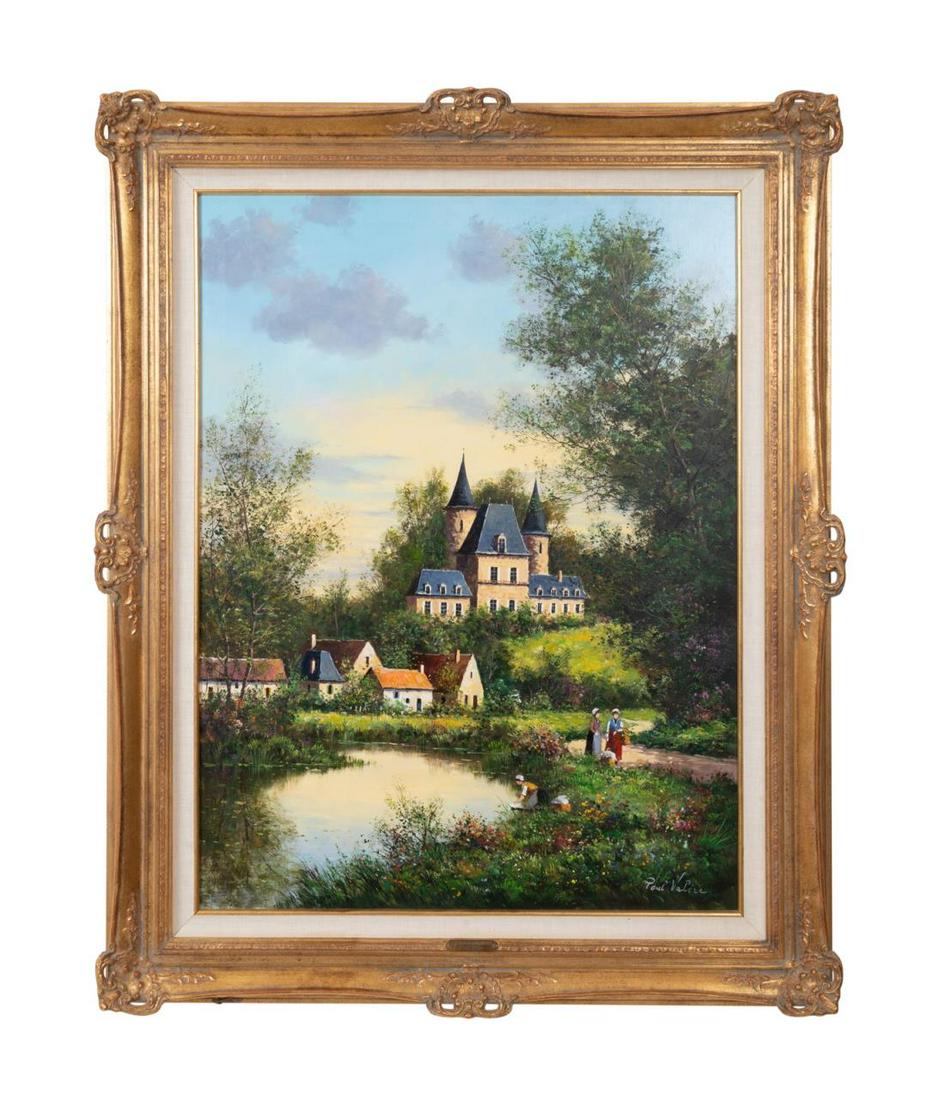 PAUL VALERE "CHATEAU DE DOUMANCHES" O/C: Paul Valere (French b. 1928), "Chateau de Doumanches" second half 20th century, oil on canvas depicting a landscape with a large chateau in the background, figures congregating on a path, and one figu