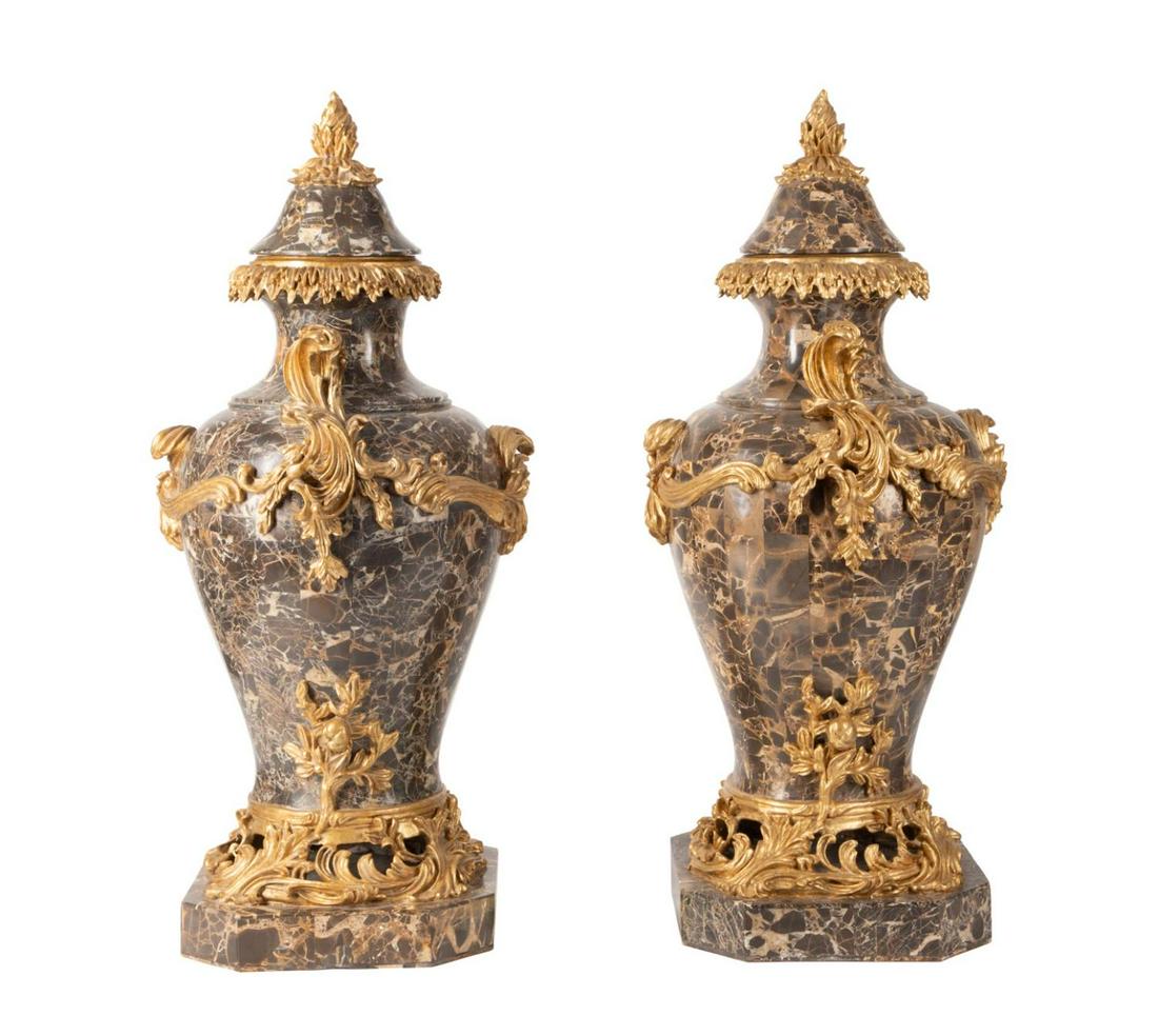 PAIR LOUIS XV STYLE TESSELLATED MARBLE URNS (1 of 6)