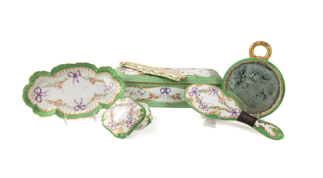 6PC E. 20TH C. LIMOGES GREEN FLORAL DRESSER SET (1 of 12)