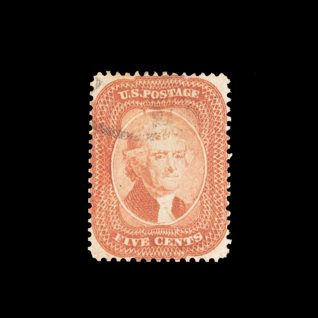 1858 BRICK RED US SCOTT #27 JEFFERSON 5C STAMP (1 of 2)