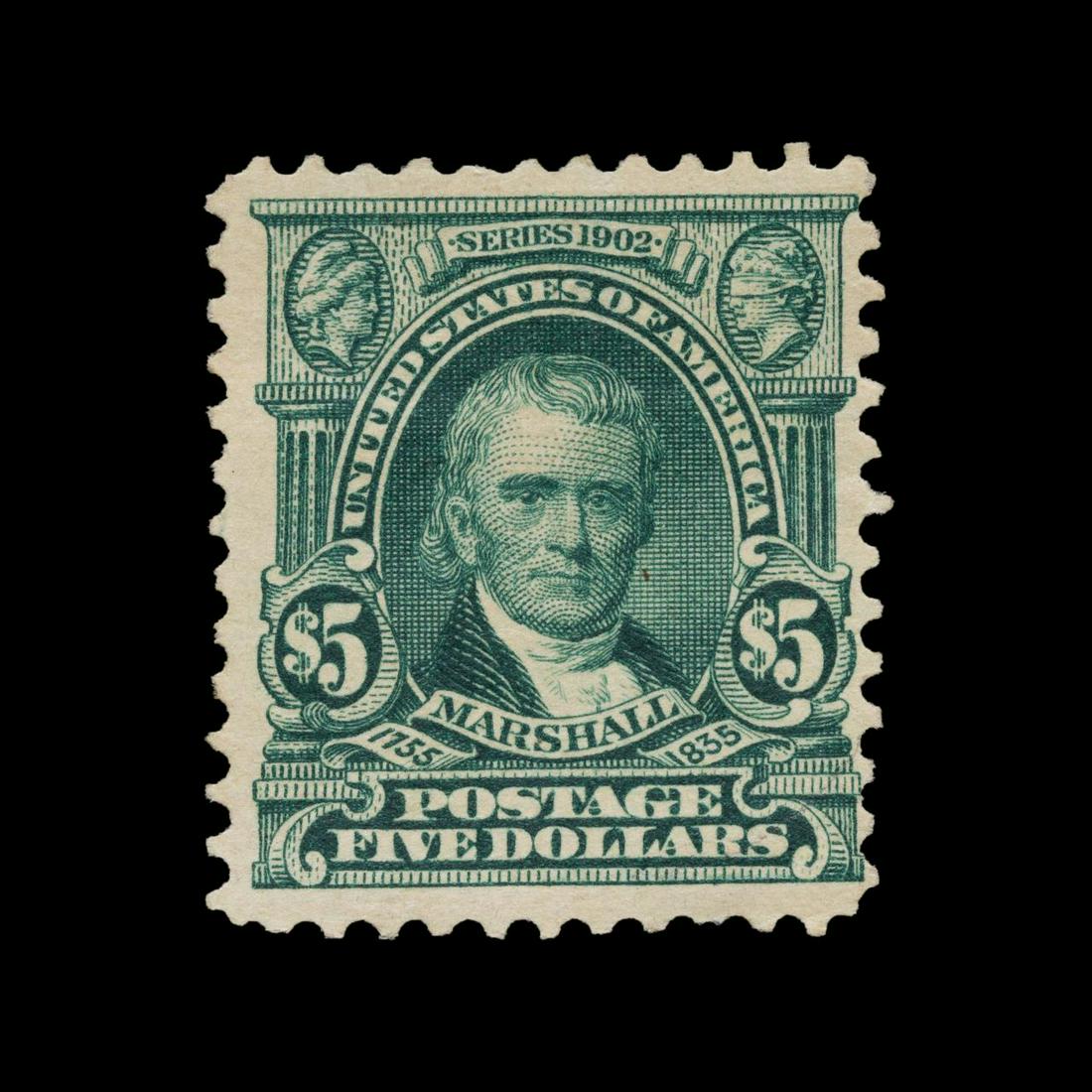 DARK GREEN US #313 JOHN MARSHALL $5 STAMP, 1903 (1 of 2)