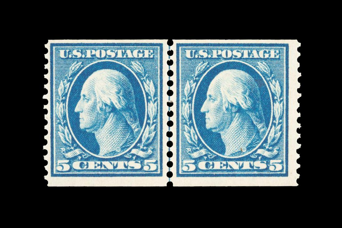 LINE PAIR, BLUE US SCOTT #355 WASHINGTON 5C STAMPS (1 of 2)