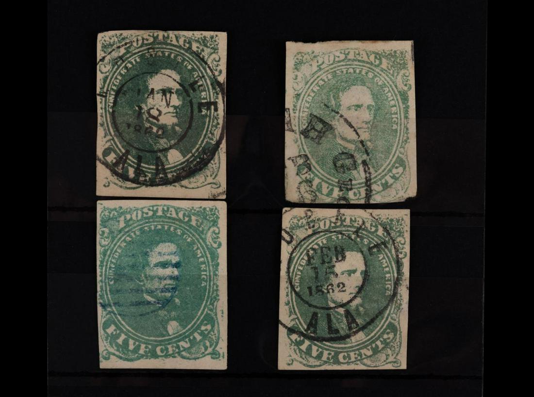 4 TOTAL, GREEN CSA #1 5C STAMPS, VARIOUS COLORS (1 of 2)
