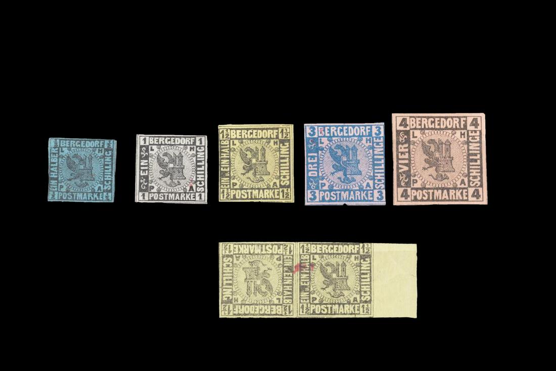 SEVEN TOTAL BERGEDORF SCOTT #1-#5 STAMPS, W/ EXTRA (1 of 2)