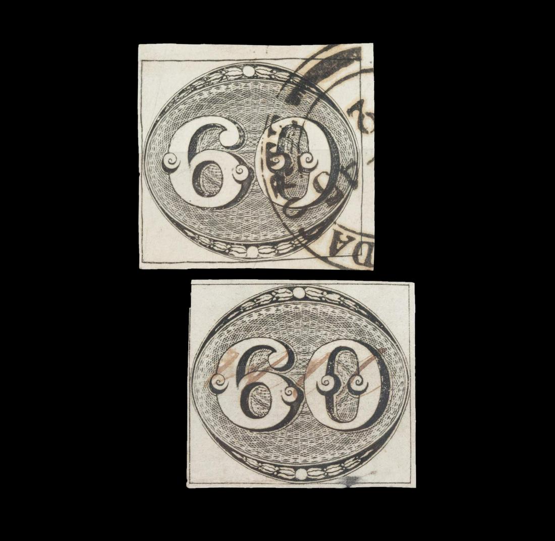 TWO TOTAL BLACK BRAZIL SCOTT #2 STAMPS, VF-XF (1 of 2)