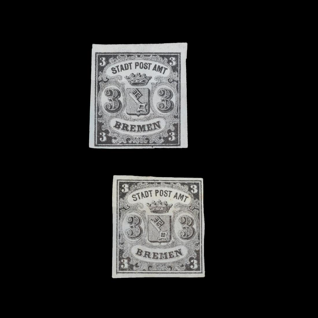 TWO TOTAL BLACK BREMEN SCOTT #1 AND #1A STAMPS (1 of 2)