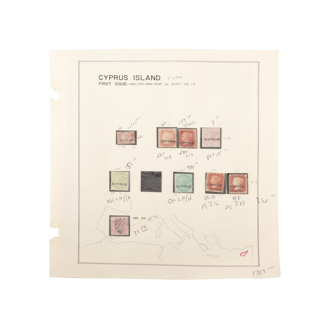 9PCS, CYPRUS ISLAND SCOTT #1-#7 AND #12 STAMPS (1 of 2)