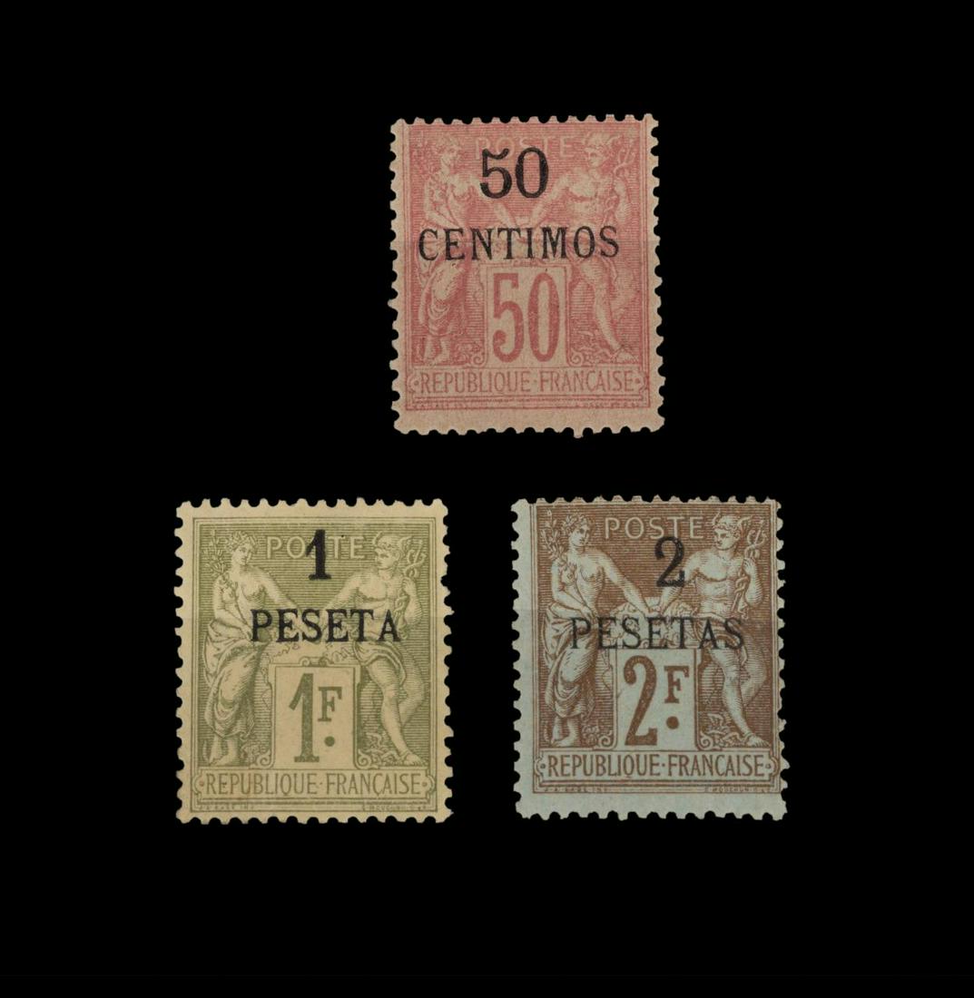 SHORT SET, FRENCH MOROCCO SCOTT #6-#8 STAMPS: Various denominations, short set of three total French Morocco Scott #6 - #8 stamps, mint and hinged. #6 lightly hinged. #7 - #8 with small hinge remnant. All with original gum.