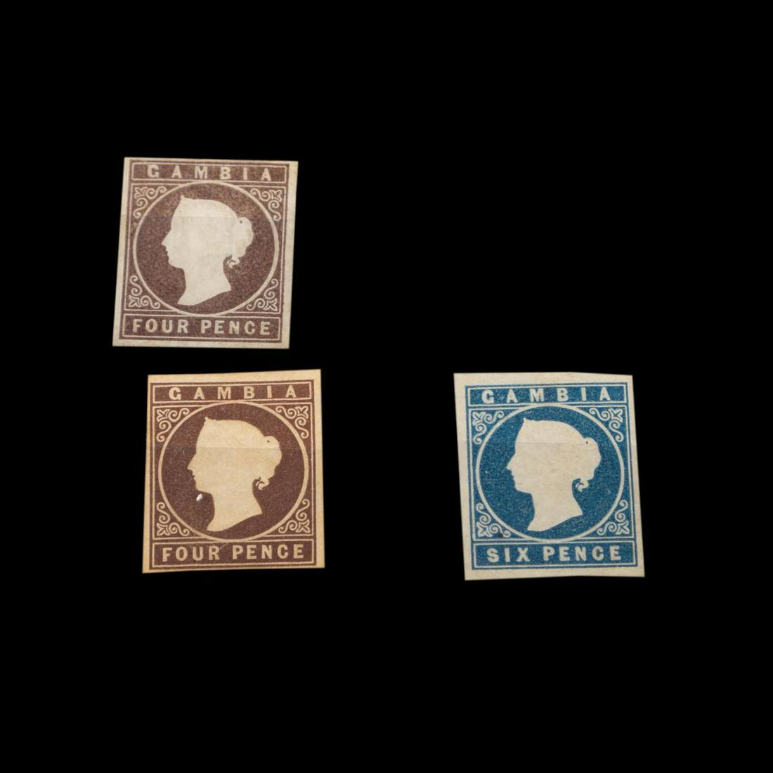 THREE GAMBIA SCOTT #1, #1A, AND #2 STAMPS (1 of 2)