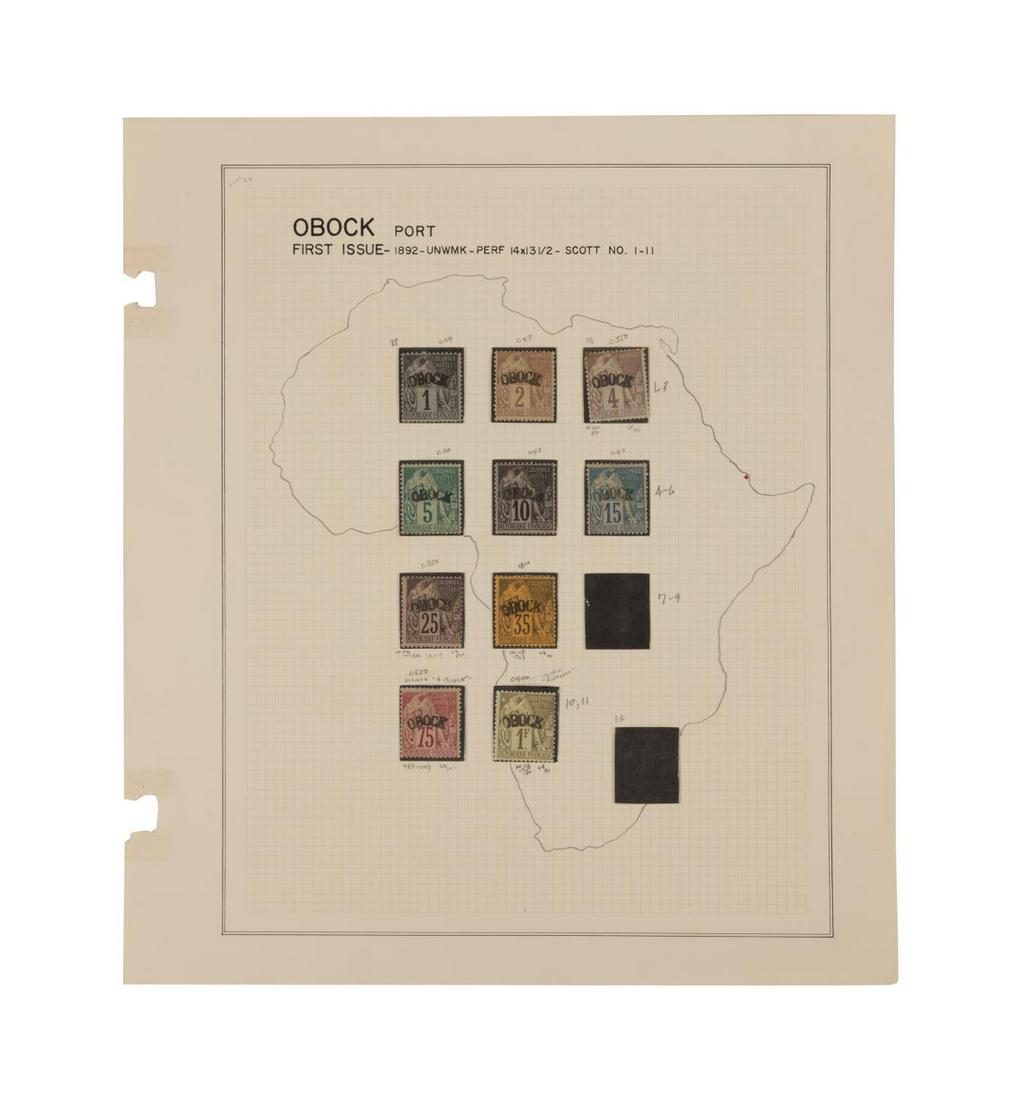SHORT SET, TEN TOTAL OBOCK SCOTT #1-#11 STAMPS: Various denominations, short set of ten total Obock Scott #1 - #11 stamps, mint and hinged, fine to very fine. No #9 present. #3 with light toning at top. Some scattered hinge remnants. On one sheet.