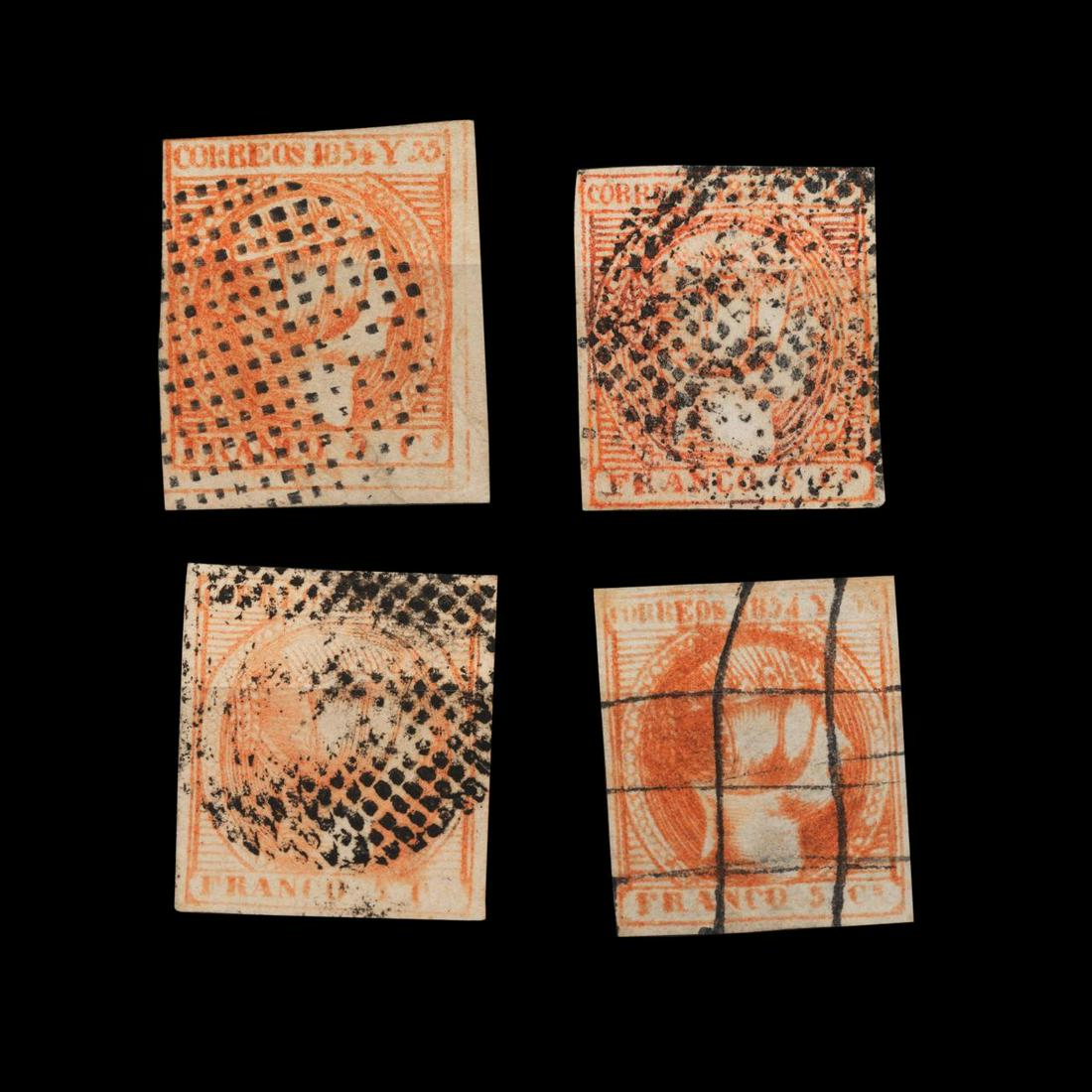 FOUR TOTAL PHILIPPINES SCOTT #1 STAMPS, USED: 5c, four total orange Philippines Scott #1 single stamps, in four color varieties, used, fine to extremely fine.