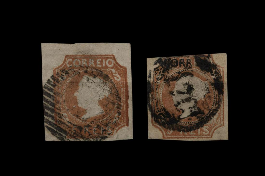 TWO TOTAL BROWN PORTUGAL SCOTT #1 STAMPS, USED (1 of 2)