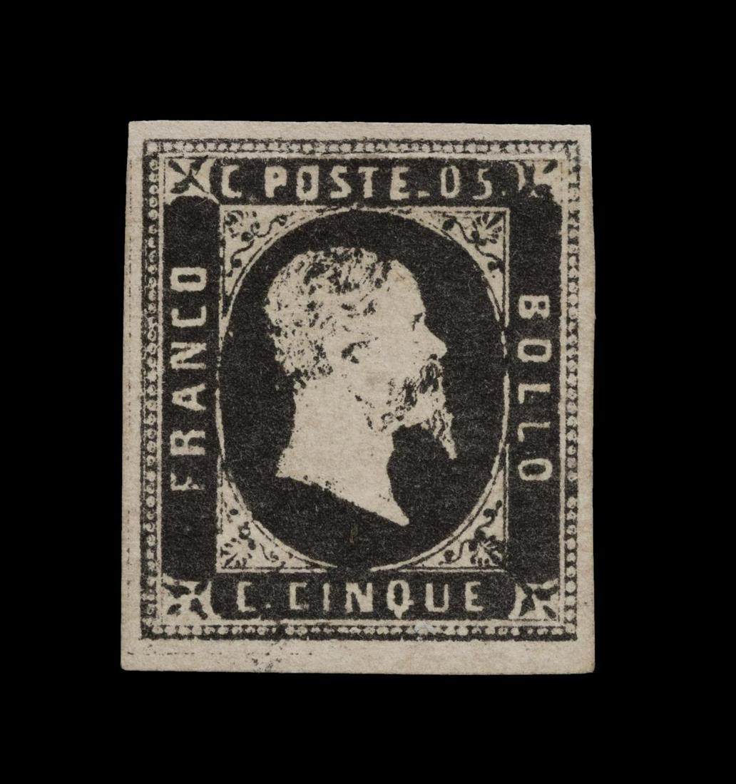 BLACK SARDINIA SCOTT #1 5C STAMP, W/ PFC CERT. (1 of 3)