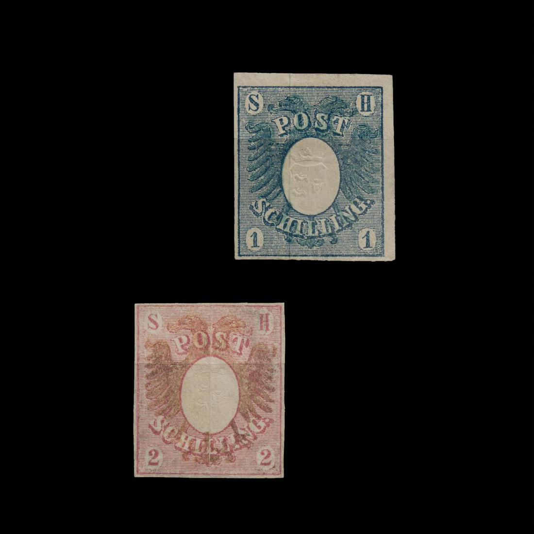 2PCS, SCHLESWIG-HOLSTEIN SCOTT #1 & #2 STAMPS (1 of 2)