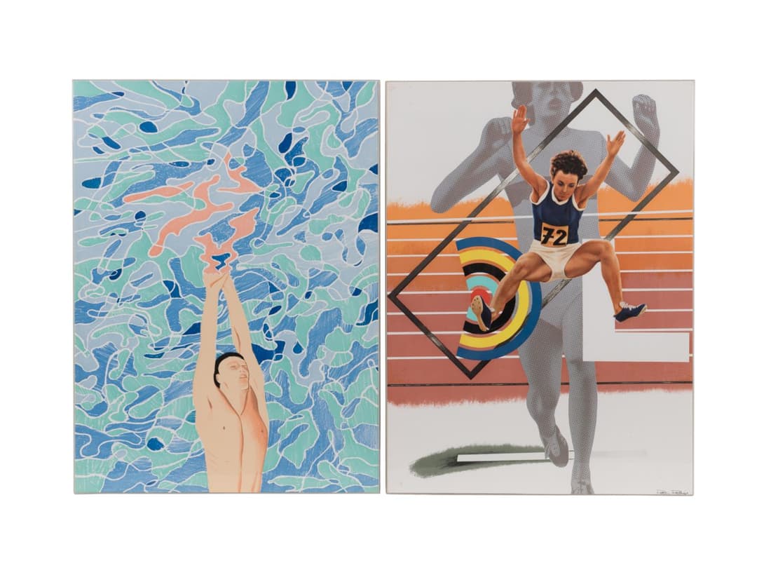 TWO MUNICH 1972 OLYMPIC POSTERS PHILLIPS & HOCKNEY: Peter Phillips (American / English b. 1939) and David Hockney (English b. 1937), two "Olympische Spiele Munchen" 1972, offset lithograph posters depicting one for track and field and one for swimming,