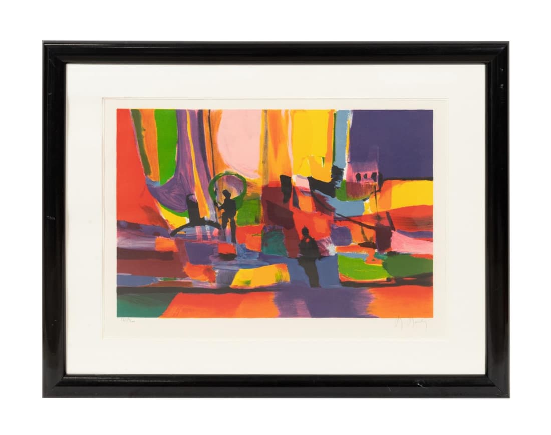 MARCEL MOULY "LES NAVIGATEURS" COLOR LITHOGRAPH: Marcel Mouly (France 1918-2008), "Les Navigateurs" circa 1991, color lithograph on paper depicting abstract figures in boats on the water at sunset, pencil signed to lower right and numbered 161/300 t