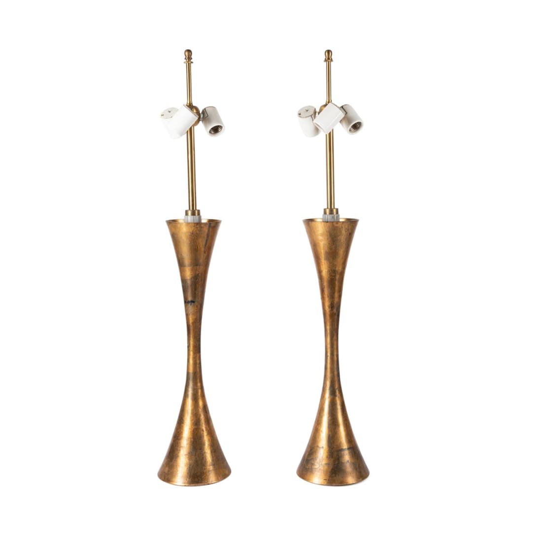 PAIR STEWART ROSS JAMES FOR HANSEN CO. LAMPS: Pair of Stewart Ross James,(Canadian/American 1912-1997), for Hansen Lamp Company (American), bronze lamps, mid-20th century, each having an hourglass form with mottled finish, having no apparent mark