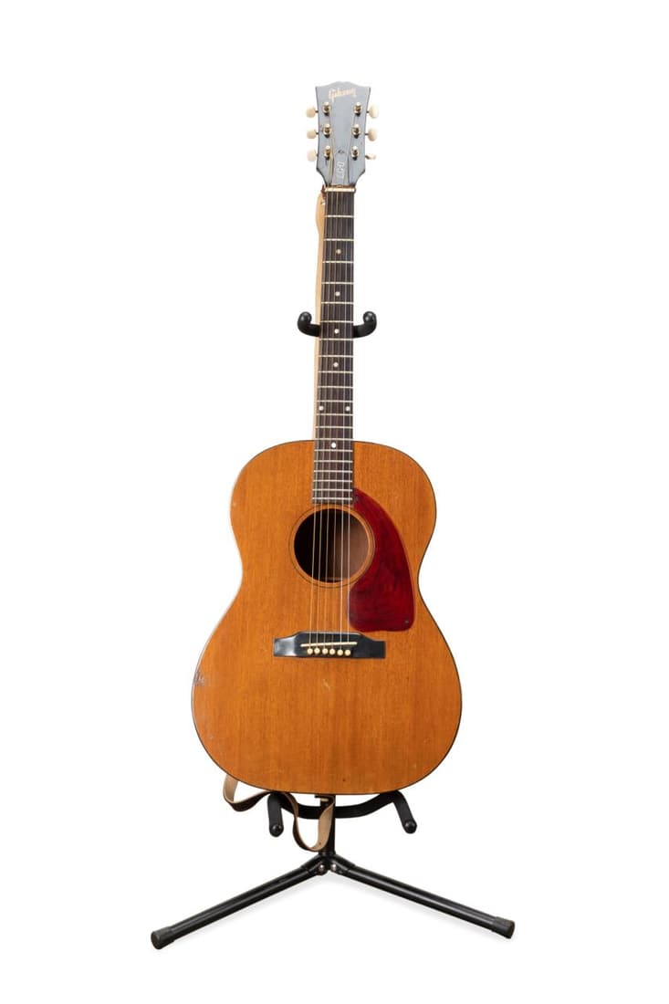 GIBSON LG-O ACOUSTIC GUITAR W/ TAYLOR CASE: Gibson LG-O acoustic flat top guitar, 1965, having a mahogany top with laminated back and sides, Brazilian Rosewood fingerboard with pearloid dot inlays, with plastic top binding, plastic bridge, and