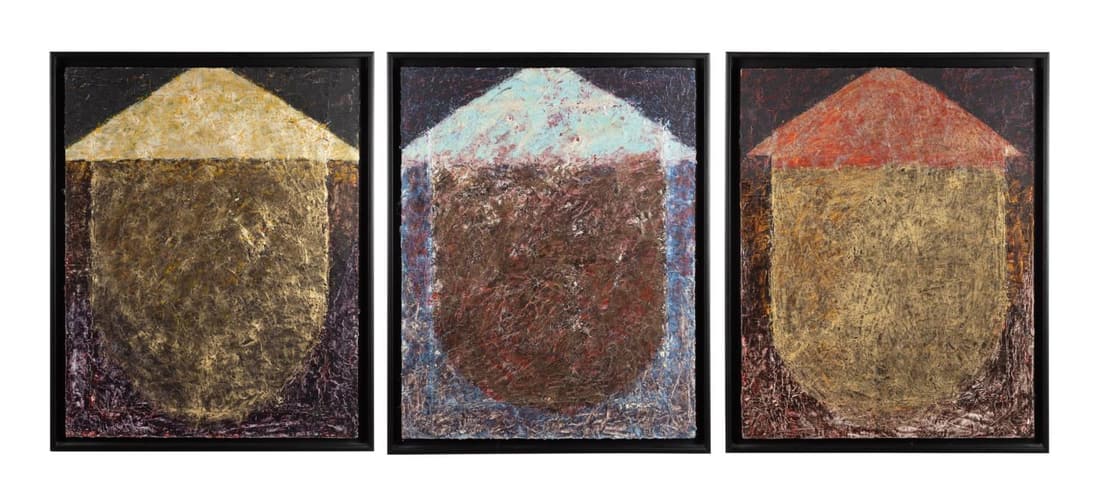 3 CRAIG CAHOON, "PROS" LIII, LIV, LV, A/B 1988: Three Craig Cahoon (American / Washington D. C. 20th / 21st century), "Pros LIII, LIV, & LV" tryptic, 1988, acrylic on masonite depicting abstract shapes, signed, tilted, and dated en verso, framed. A