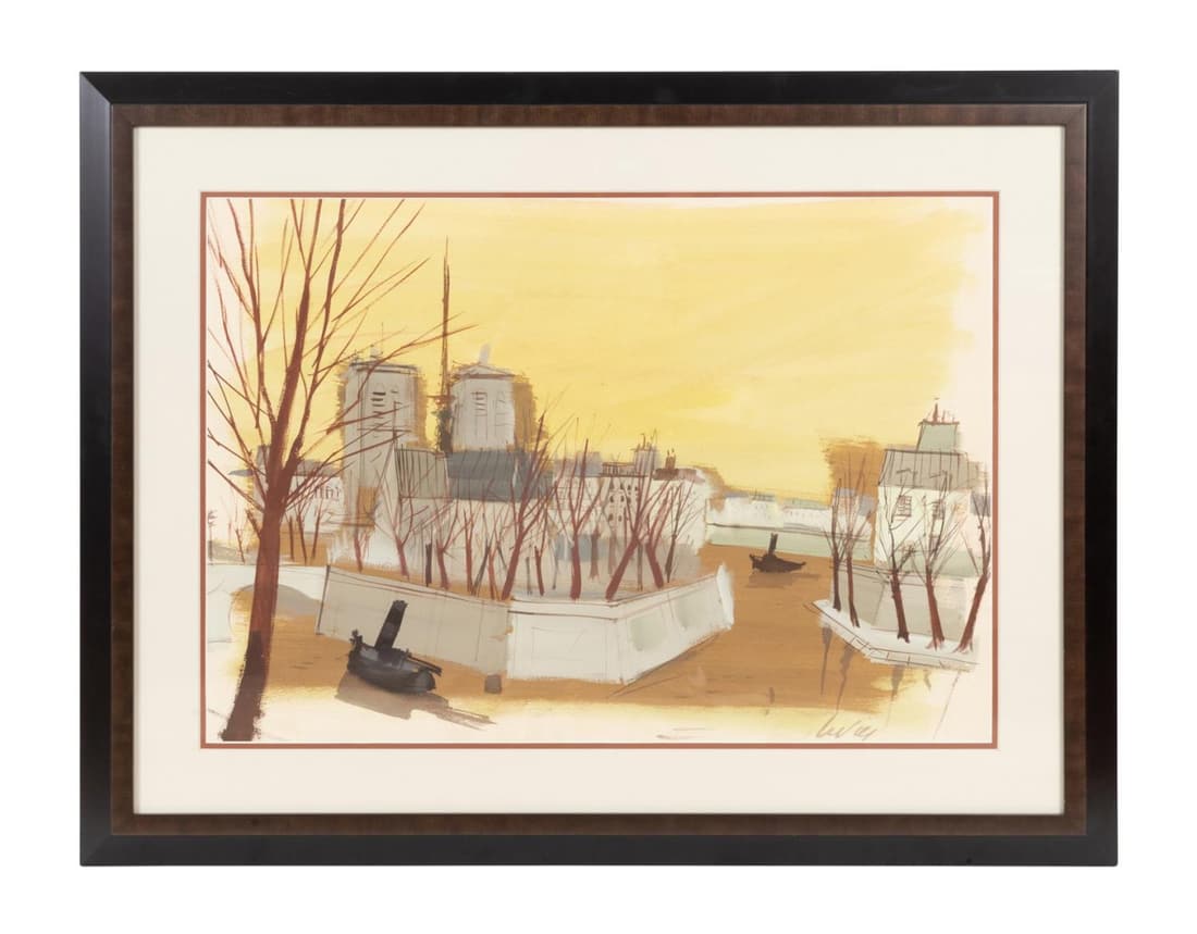 CHARLES LEVIER "NOTRE DAME, PARIS" W/P, FRAMED: Charles Levier (American / New York 1920-2003), "Notre Dame, Paris", watercolor on paper depicting a view of the side of Notre Dame from the Seine river, signed to lower right, framed. Approximate mea