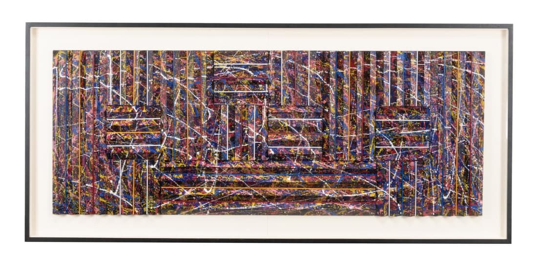 MONUMENTAL D. F. CASINI, ACRYLIC & MM: Don F. Casini (American 20th / 21st century), "Untitled 3D", acrylic and mixed media creating an abstract accordion pleated sculpture, signed to lower right D. F. Casini, float framed. Approximate mea