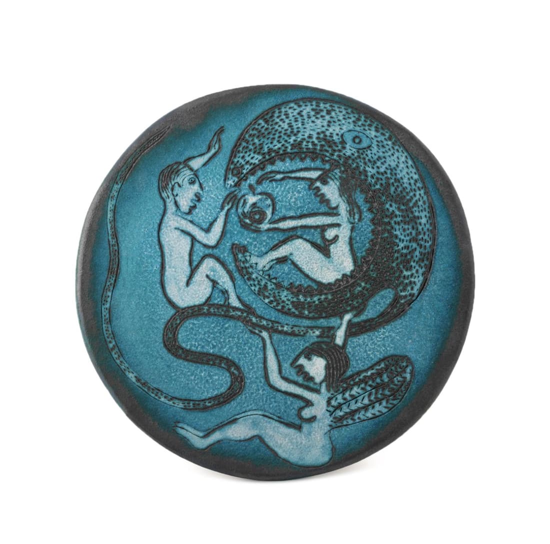 EDWIN & MARY SCHEIER SIGNED STONEWARE CHARGER 1991: Edwin (American 1910-2008), & Mary Scheier (American 1908-2007), "Untitled" stoneware charger, "Adam, Eve, the snake, the Angle and the Apple" depicting Eve offering Adam the apple from inside the sna