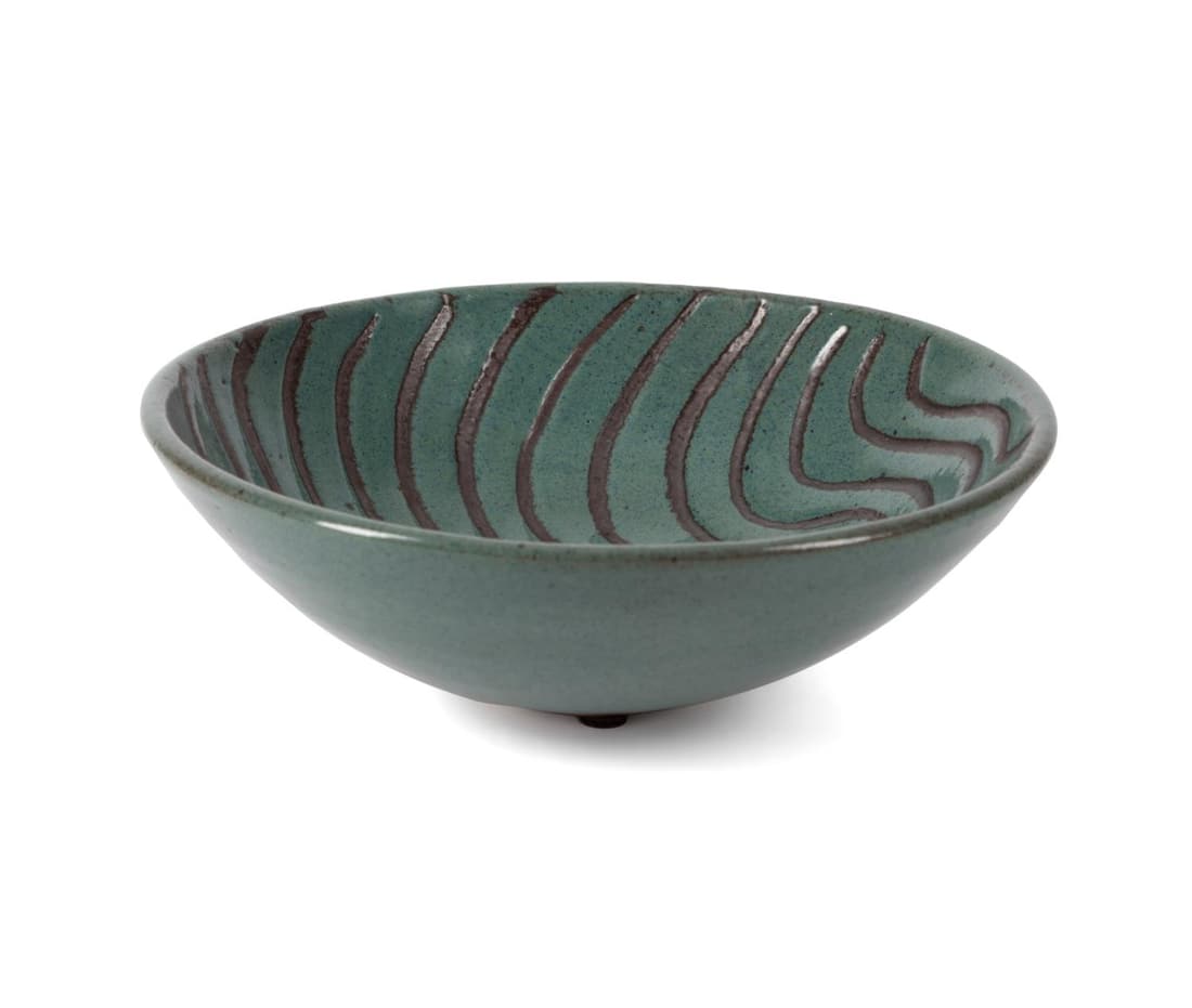 HARDING BLACK, TEAL W/ BLACK ART POTTERY BOWL 1960: Harding Black (American 1912)-2004), teal with wavy black stripes Art Pottery bowl, 1960, rising on a circular foot, signed and dated underneath. Approximate measurements: h. 2. 75", dia. 7. 90".
