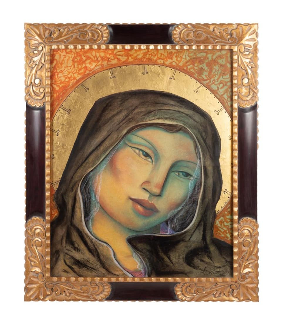 MIGUEL MARTINEZ "BERNADETTE OF LOURDES" OIL PASTEL: Miguel Martinez (American / New Mexico b. 1951), "Bernadette of Lourdes," 2008, oil pastel on paper depicting a bust length portrait of a woman wearing a black head covering with a golden halo, signed