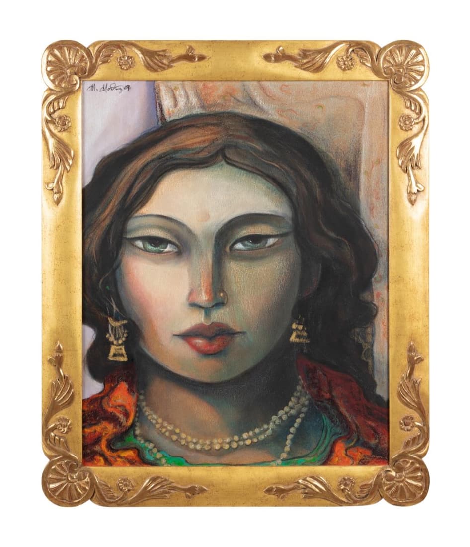 MIGUEL MARTINEZ "HINDU GIRL" O/C PORTRAIT: Miguel Martinez (American / New Mexico b. 1951), "Hindu Girl," 2009, oil on canvas depicting a bust length portrait of a female, signed and dated to upper left and signed and tiled en verso, with a ca