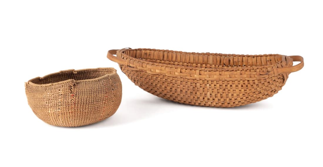 TWO WOVEN BASKETS, INCLD. A HUPA BOWL CA 1880: Two woven baskets, including a Hupa peoples twined utilitarian bowl without decoration, circa 1880, together with an oblong split oak basket with a handle at each end. Approximate measurements: Hupa h