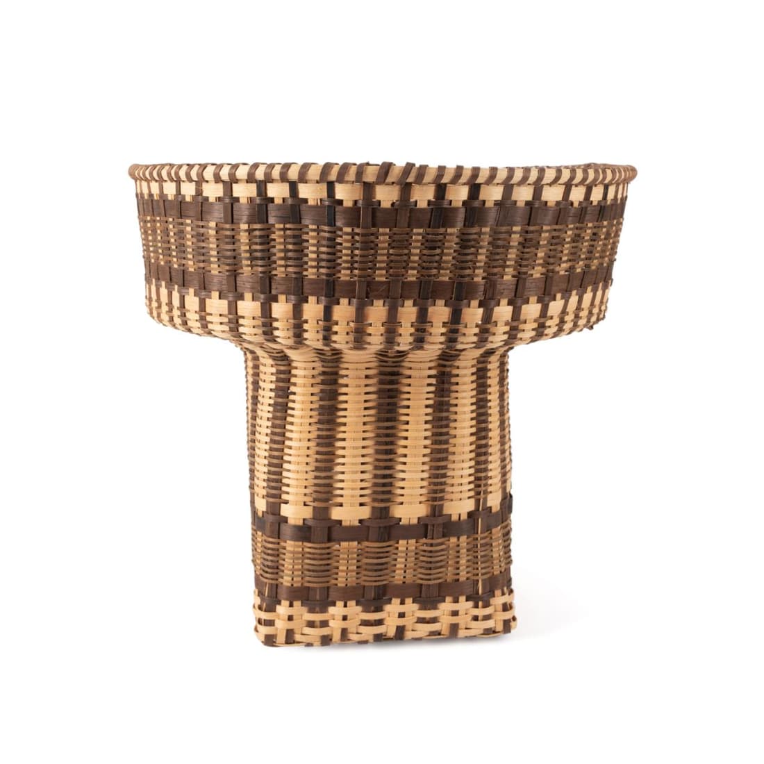 ATRB. MADDIE WELCH, CHEROKEE WHITE OAK BASKET: Attributed to Madeline Welch (American/Cherokee late 20th century), hand woven white oak with walnut stain burden basket having a wide dished rim surmounting a square section body done in plain weave,
