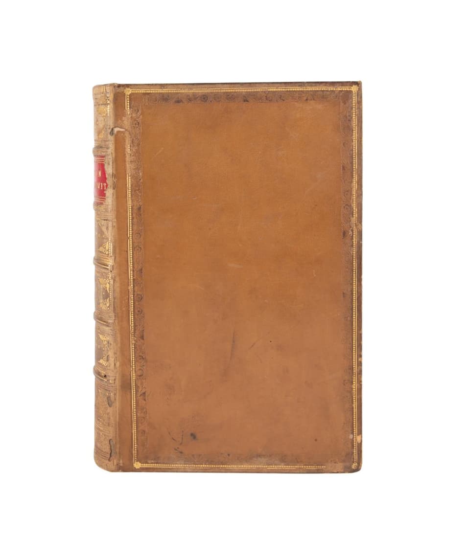 CHARLES DICKENS 'MARTIN CHUZZLEWIT' 1844: Charles Dickens, Martin Chuzzlewit, published 1844, Chapman & Hall and printed by Bradbury & Evans, fully bound in tan leather with gilt decoration and raised bands on the spine with gilt titling on t