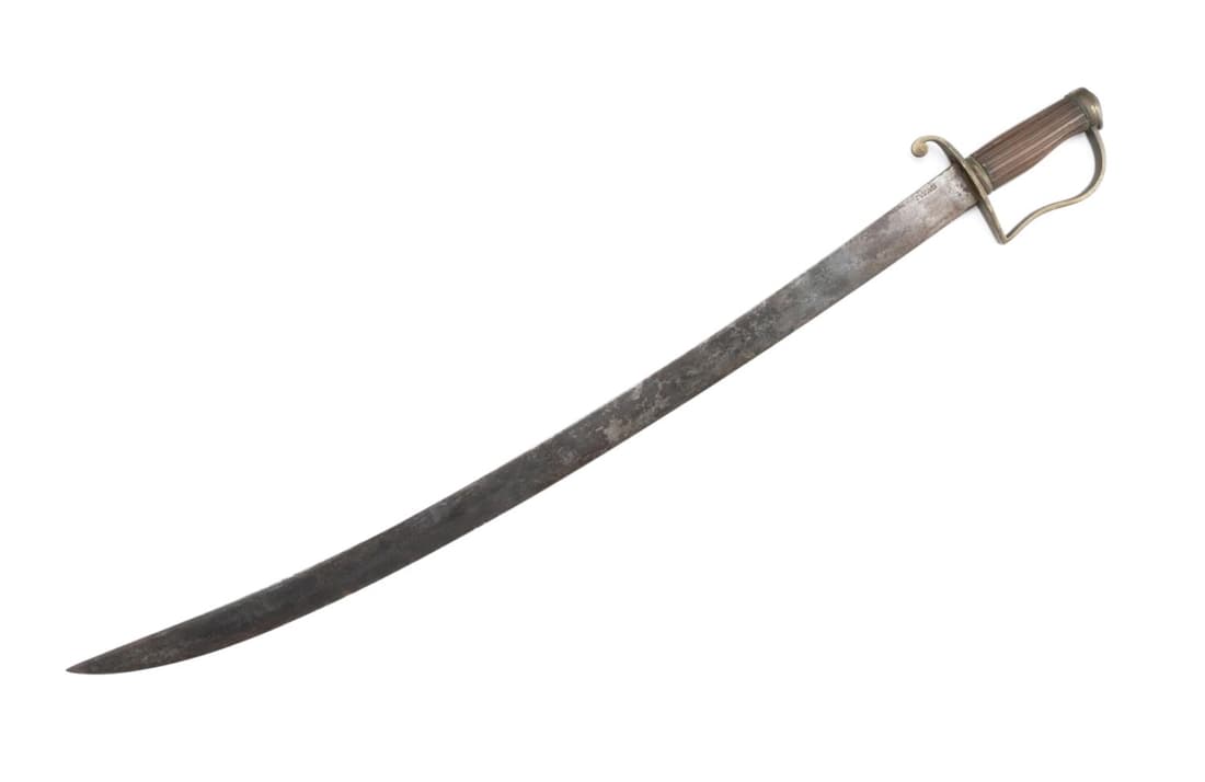 BRITISH NAPOLEONIC NAVAL CUTLASS, CIRCA. 1800: British Woolley & Deakin Napoleonic era naval cutlass, circa 1800, with wooden grip with d shaped guard, heavy blade with a 9" upper blade at tip end with a crescent moon shape stamped on top next to 