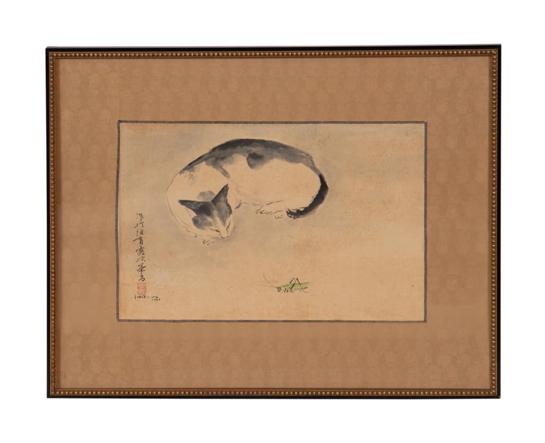 ISHIKAWA INK & COLOR RECUMBENT CAT & GRASSHOPPER: Shinji Ishikawa (Japanese mid 20th century), ink and color on paper depicting a 'Recumbent Cat and Grasshopper' with text, seals, signature, and date 1967 at lower left, with a silk brocade border, fr