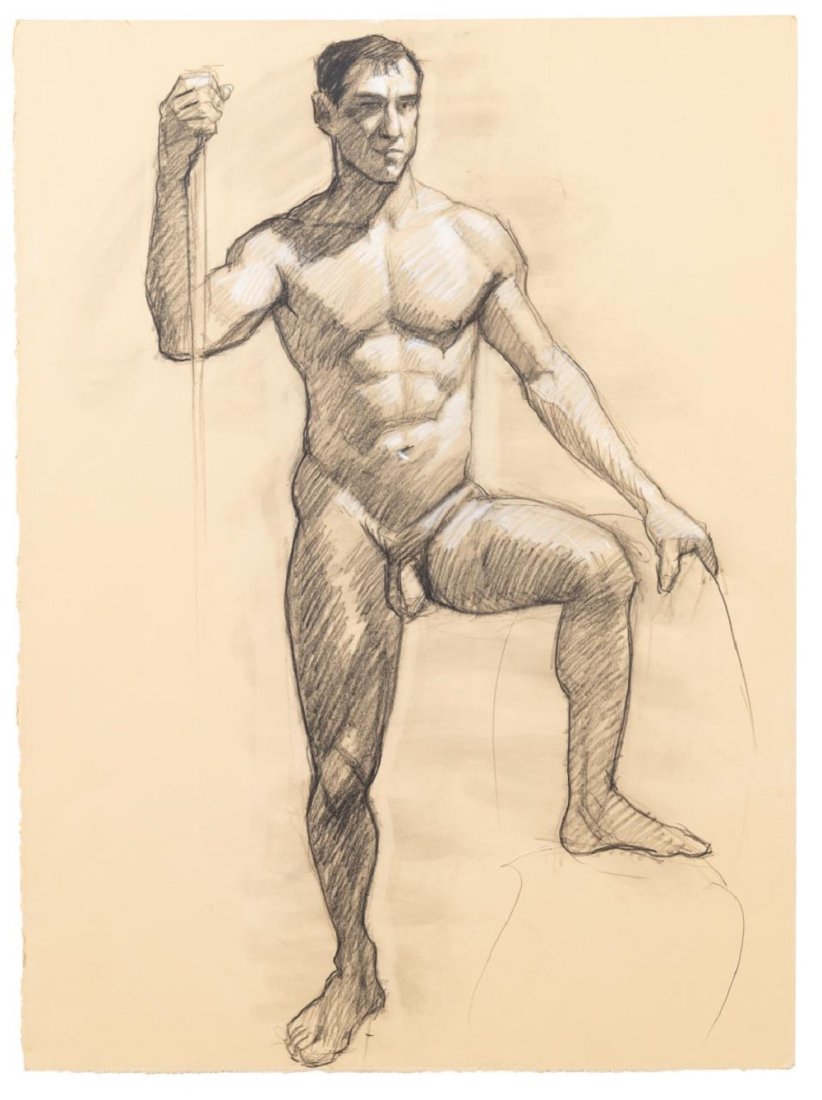 TWO MARK BEARD MALE DRAWINGS 1996: Two Mark Beard (American / New York b.1956), 'Male Drawings', 1996, mixed media on paper, a double sided drawing depicting a male wearing a white shirt on one side and a standing male nude on the othe