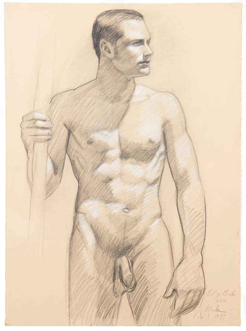 TWO MARK BEARD NUDE DRAWINGS 1997: Two Mark Beard (American / New York b.1956), 'Male and Female Nudes', 1997, mixed media on paper, a double sided drawing depicting a male nude on one side and a female nude on the other side, signed a