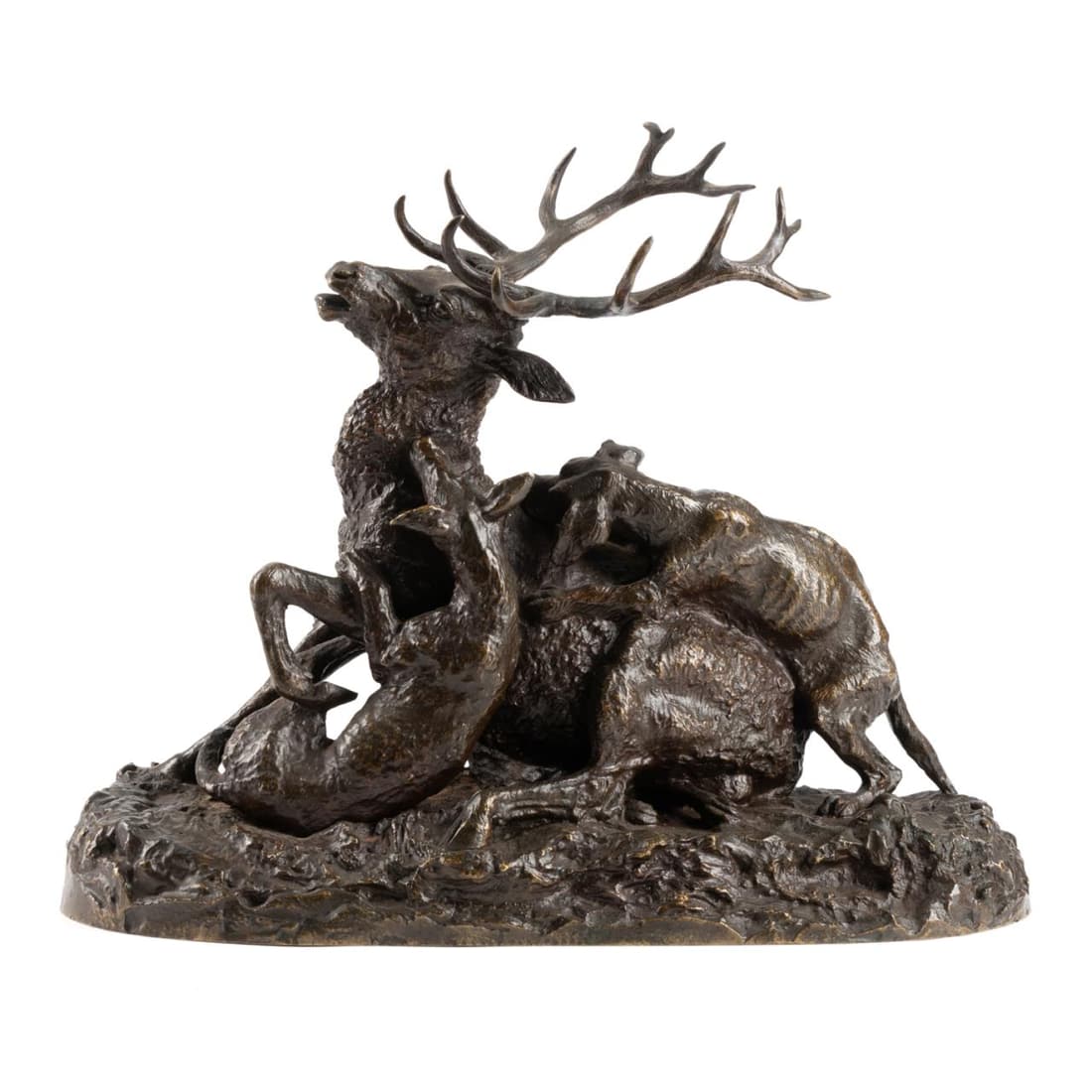 AFTER CHRISTOPHER FRATIN, DEER ATTACK, BRONZE: After Christopher (Christophe) Fratin (French 1801-1864), "Cerf Attaque Par Trois Chiens" ("Deer Attacked by Three Dogs"), patinated cast bronze sculpture depicting a deer and hunting dogs, signed in